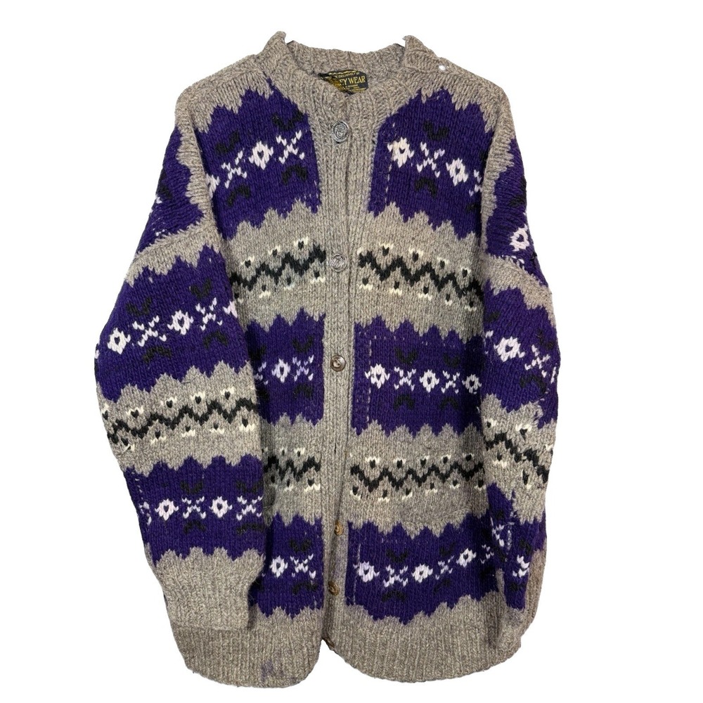 Vintage Rey Wear Hand Knit Wool Cardigan Womens XL Fair Isle Ecuador Cabincore